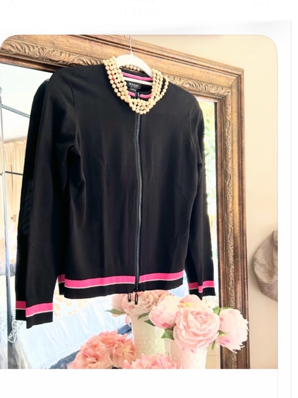 Worth Black Zip Cardigan with Pink Trim